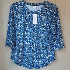 XIEERDUO Women's XL Dark Blue Blouse With Light Blue White Floral